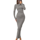 Women Bodycon Maxi Dresses Fall New Long Sleeve Sexy Ruched Neck Slim Fit Cocktail Party Dress Elegant Gentle Temperament Dress